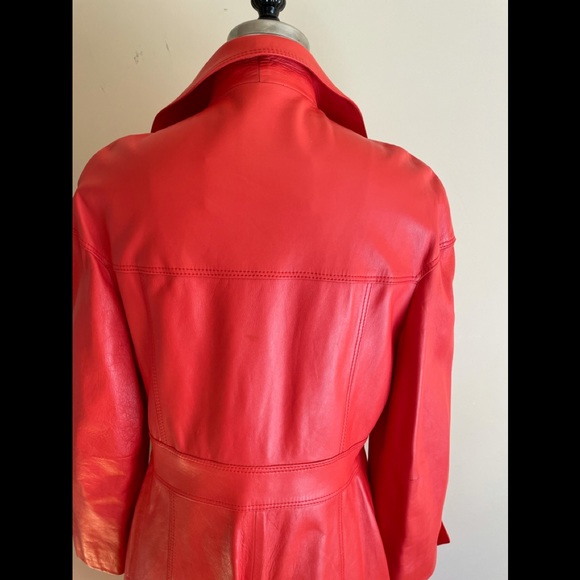 Leda Spain by Gropper Tangerine Leather Trench Coat with Gold Tone Accents - Picture 6 of 16